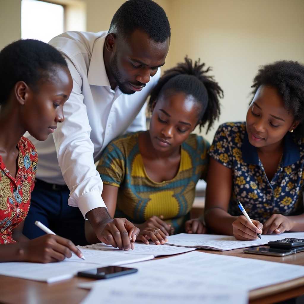 Workshop instructor explaining bookkeeping concepts to attentive small business owners