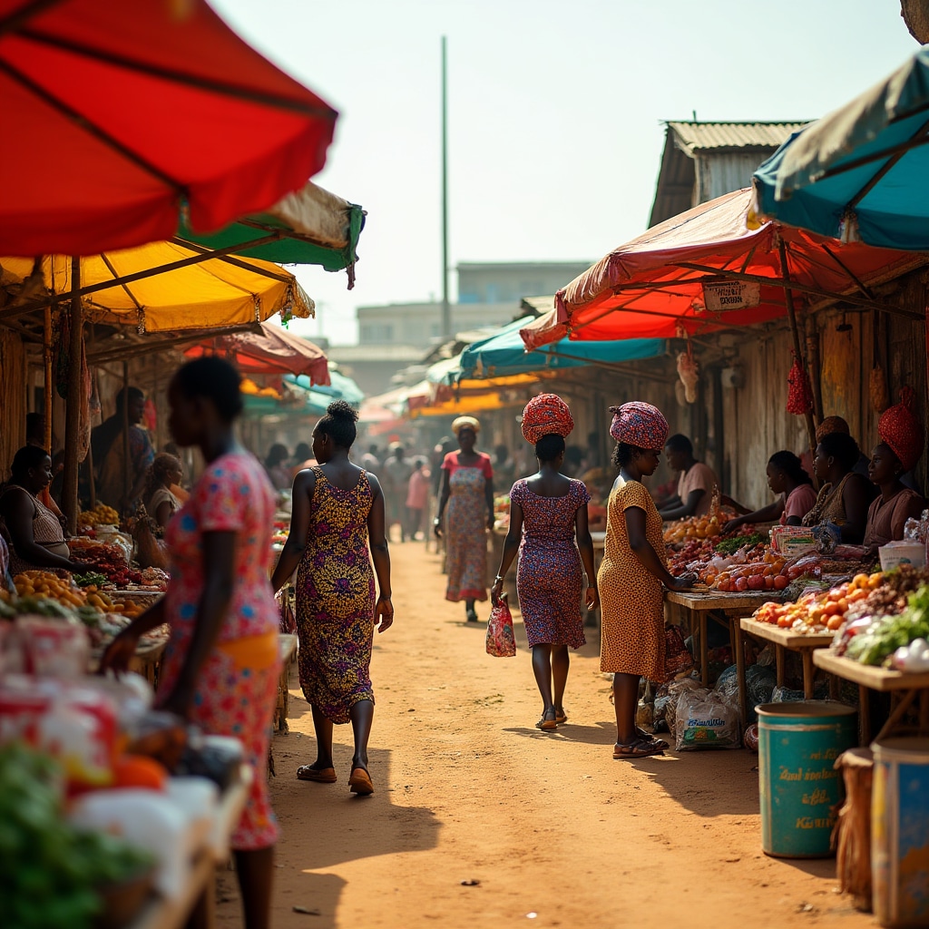 Busy Kumasi market area with traders and shoppers