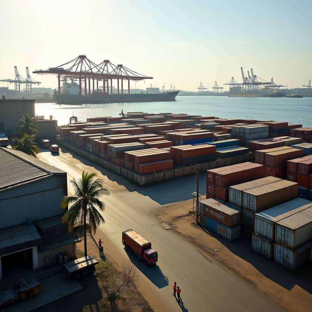 Takoradi port area with commercial activity and businesses