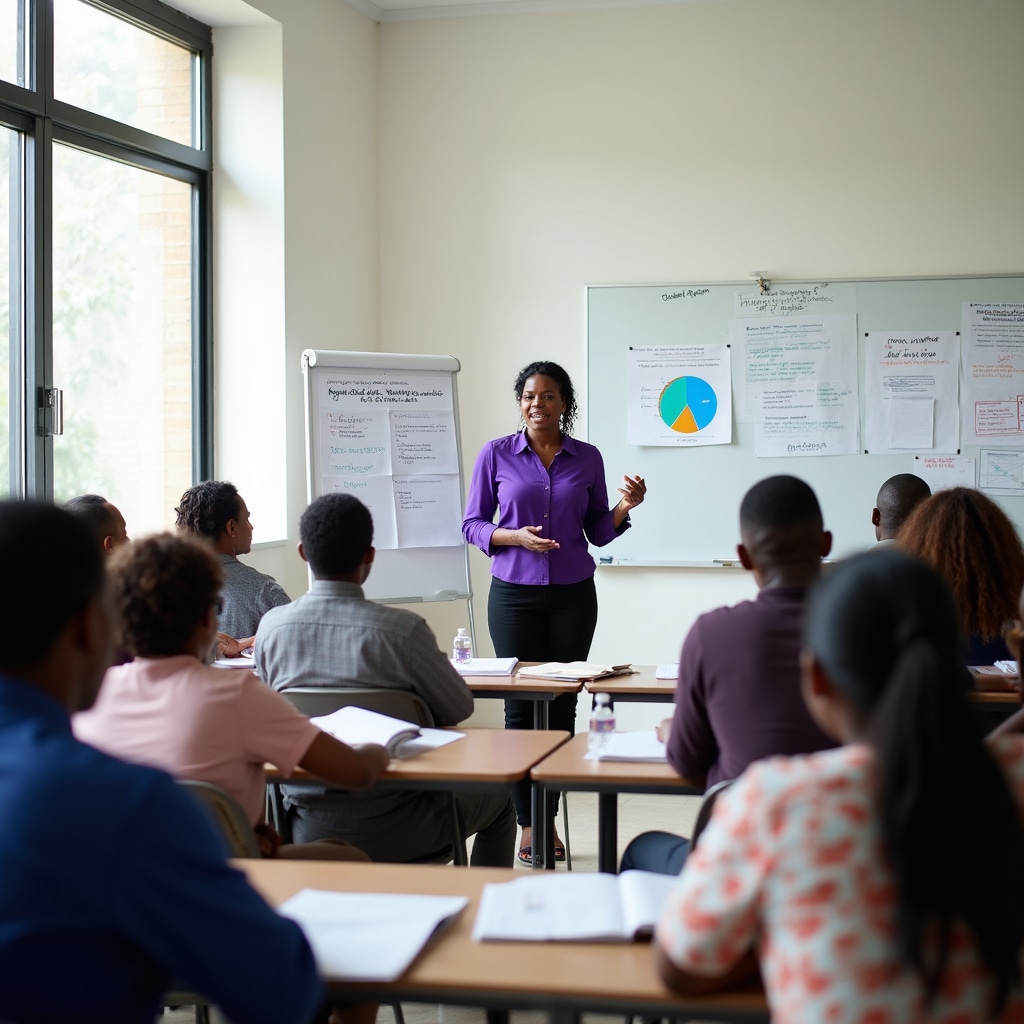 Small business owners attending bookkeeping workshop with instructor at whiteboard